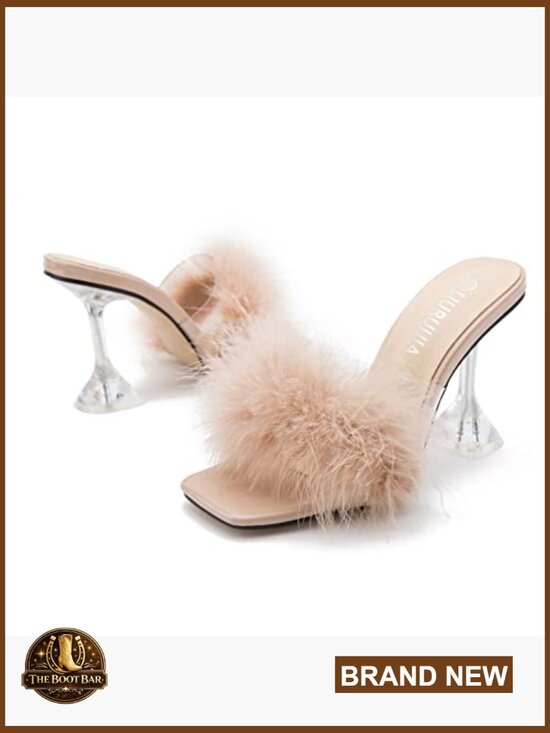 Amazon.com | LIURUIJIA Women Feather High Heeled Mules Slip On Sandals Square Toe Bridal Party